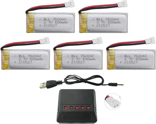 Accesorio 5PCS 3.7V 500mAh 25C Batería con 5-en-1 Cargador para JJRC H31 H37 H6D Hubsan X4 H107C H107D H107L H107P H108 UDI UDI U816A SYMA X5C X5SW