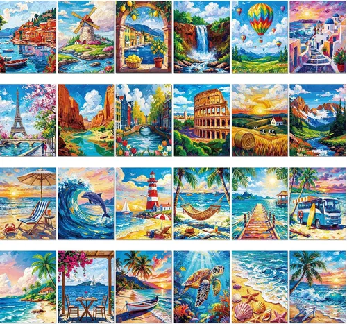 Miniatura 13 de Sherr Juego de 24 lienzos predibujados para pintar para adultos, lienzo preimpreso a granel, sorbo y pintura, paneles estirados, juego de pintura