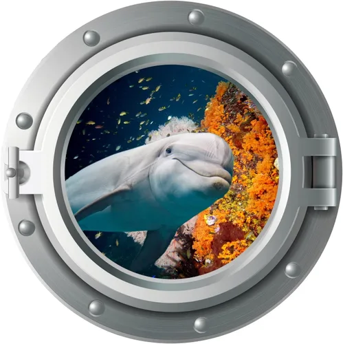 Niwo ART - Calcomanía 3D de delfín A, ojo de buey marino bajo el agua, adhesivo de pared autoadhesivo para despegar y pegar (12 pulgadas)