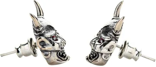 Miniatura 4 de Pendientes de plata de ley con ojos rojos japoneses de diablo calavera Oni máscara