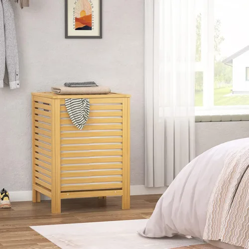 Miniatura 7 de Homykic Cesta de lavandería de bambú con tapa, clasificador grande de ropa de 120L con bolsa de forro de 2 secciones extraíble, organizador de cesta