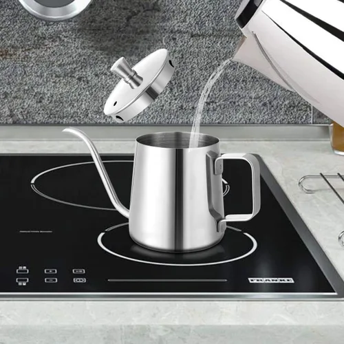 Miniatura 7 de GWHOLE Pequeño hervidor de café de cuello de cisne para verter 12 oz/11.8 fl oz de largo y estrecho goteo boquilla cafetera para estufa - plata