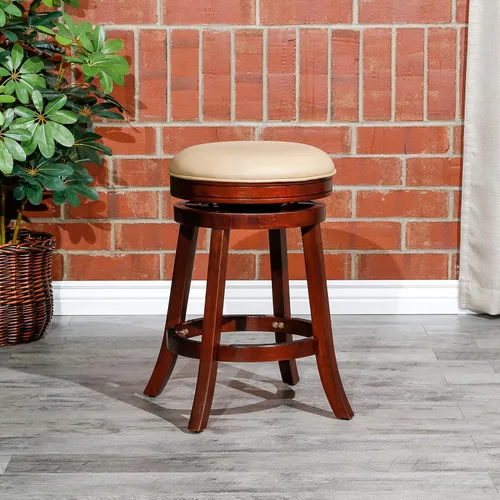 Miniatura 6 de DTY Indoor Living Creede - Taburetes de altura de mostrador de 26 pulgadas, giratorios sin espalda, acabado cereza con asiento de cuero de hueso