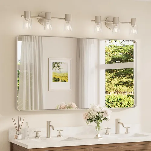 Miniatura 23 de TETOTE Espejo de marco dorado cepillado de 16 x 24 pulgadas, espejo de tocador de baño de latón dorado para pared, espejo enmarcado rectangular