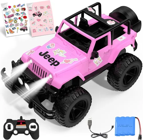 DOUBLE E Jeep con licencia de escala 1:14 en color rosa, coche de control remoto para niñas con pegatinas DIY, diseño de techo abierto, camioneta RC