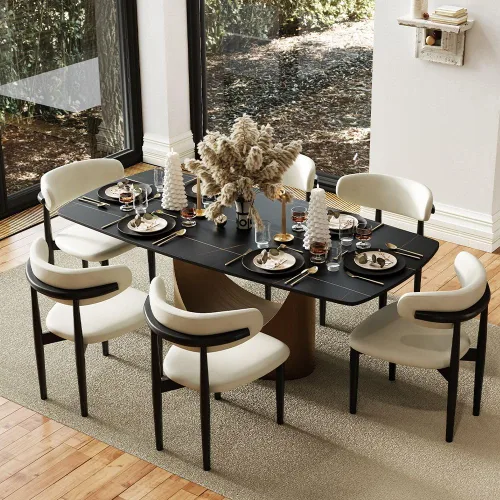 Miniatura 10 de POVISON Juego de mesa de comedor para 4, mesa rectangular negra de piedra sinterizada mate de 63 pulgadas con base de acero al carbono bronce, silla