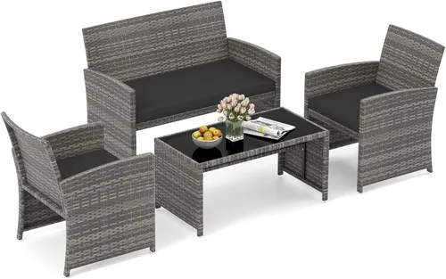 Miniatura 17 de HAPPYGRILL Juego de 4 muebles de mimbre para exteriores con mesa de centro de vidrio templado, cojines suaves, juego de sillas de ratán resistentes