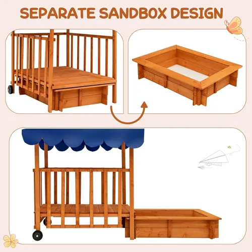 Miniatura 9 de Costzon Caja de Arena Retráctil para Niños con Toldo, Casa de Juegos Cabaña de Madera de Cedro con Área de Juego Grande, Ruedas Traseras