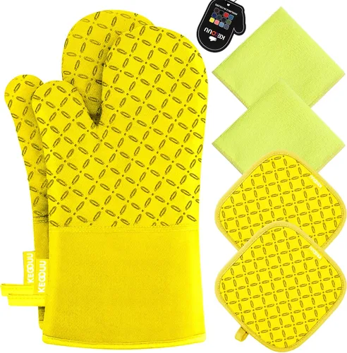 Miniatura 15 de KEGOUU Juego de 6 manoplas para horno y soportes para ollas, guantes para horno de cocina, resistentes al calor, 500 grados, extra largos