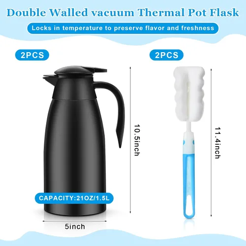 Miniatura 2 de Ziliny Paquete de 2 jarras térmicas de café de 51 onzas, jarra de café de acero inoxidable aislada al vacío de doble pared, mantiene las bebidas
