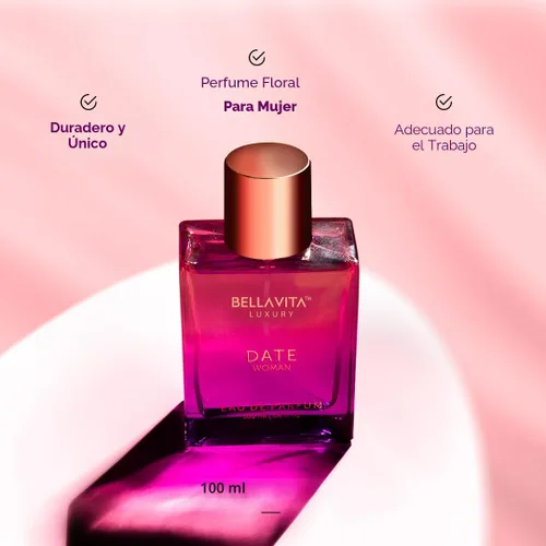 Miniatura 7 de Bellavita Luxury DATE Eau de Parfum 3.4 onzas líquidas Perfume para mujer Notas florales, pimienta rosa, jazmín y musgo Fragancia de larga