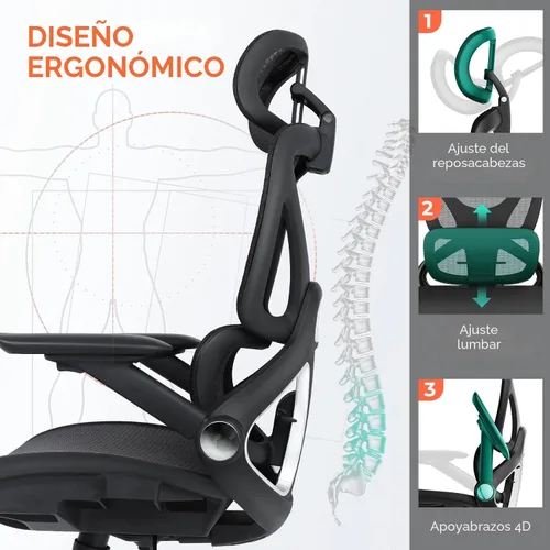 Miniatura 9 de CAPOT Silla de oficina ergonómica de malla, silla de escritorio lumbar ajustable con respaldo alto de 400 libras, brazos abatibles 4D, respaldo Negro