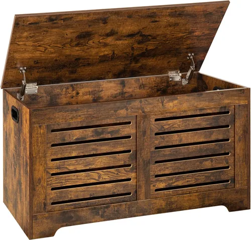 Miniatura 17 de DINZI LVJ Cofre de almacenamiento, caja de juguetes de madera de 39.4” con 2 bisagras de seguridad, banco de almacenamiento de zapatos retro