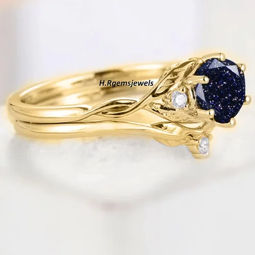 Miniatura 2 de Anillo de compromiso redondo de piedra arenisca azul con diseño de galaxia delicada, anillo de compromiso de plata de ley, anillo único Art Deco