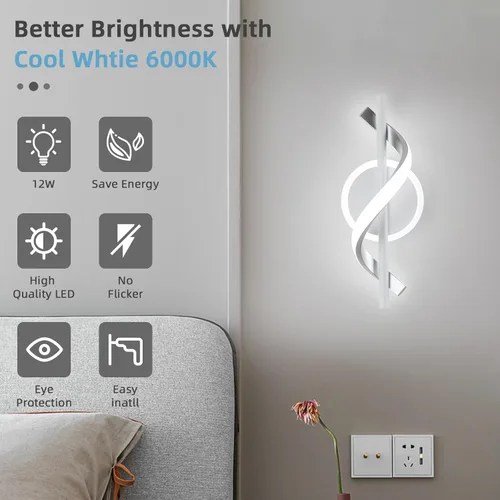 Miniatura 2 de EIDISUNY Apliques de Pared LED para Interior, Luces de Pared LED de 12W, Lámpara de Pared Espiral Moderna, Luz de Montaje en Pared de 6000K Blanco