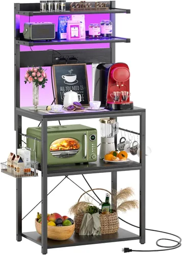 Aheaplus - Estantería de cocina con toma de corriente, soporte para microondas, estación de café de 5 niveles con luces LED, estante de