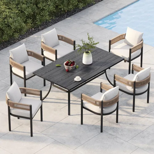 Miniatura 13 de Juego de comedor al aire libre Grand Patio de 5 piezas para 4, sillas de patio fijas de mimbre tejido metálico con cojines engrosados y 1 mesa