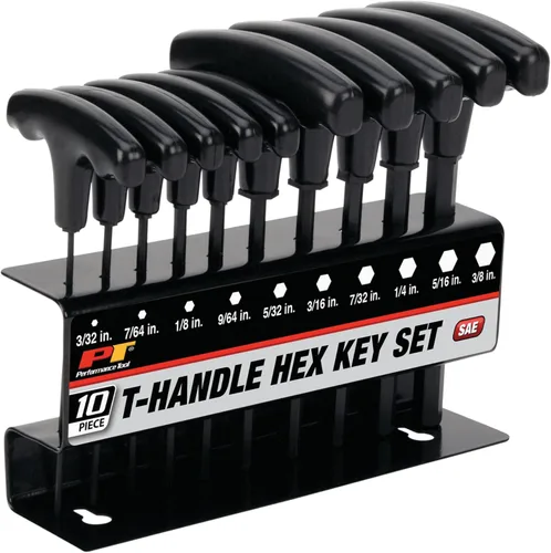 Performance Tool W80274 Juego de 10 piezas de llaves Allen SAE con mango en T, Juego de llaves hexagonales de brazo largo