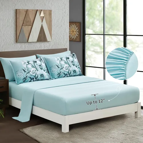 Miniatura 4 de Luxudecor Juego de edredón floral tamaño individual de 7 piezas, cama de flores aguamarina en una bolsa, elegante edredón floral degradado con juego