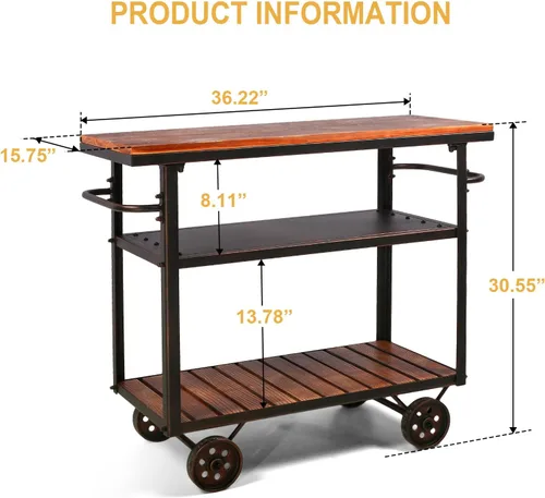 Miniatura 2 de Topower Carrito de bar industrial, carrito de servicio con ruedas y asa, carrito de metal para bebidas de 3 niveles con bandeja extraíble y estantes
