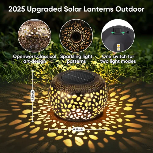 Miniatura 4 de Farol solar para decoración de patio al aire libre: faroles solares para exteriores, impermeables, ahuecados, retro, metal, alimentados por energía