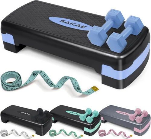 Miniatura 9 de Juego de Step Aeróbico con Mancuernas y Cinta Métrica, Altura Ajustable con Elevadores de 2 Niveles, Plataforma de Step para Ejercicios