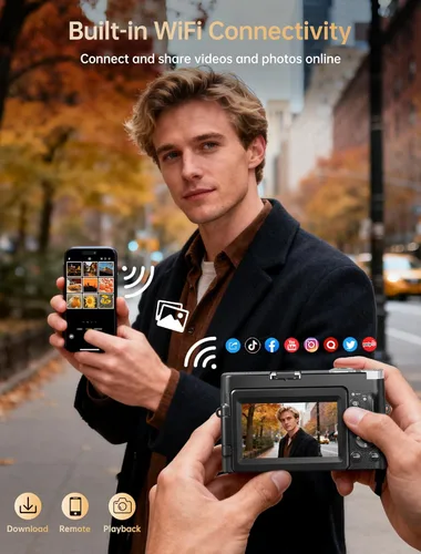Miniatura 11 de Cámara digital 4K para fotografía, cámara de vlogging WiFi de 64MP con enfoque automático para YouTube con pantalla giratoria de 3'' 180°, cámara