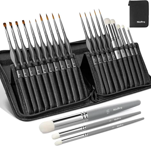 Nicpro Pinceles de Pintura en Miniatura Pincel Seco - Juego de 20 Pinceles de Pintura para Modelos con Estuche de Nailon para Acrílico, Óleo,