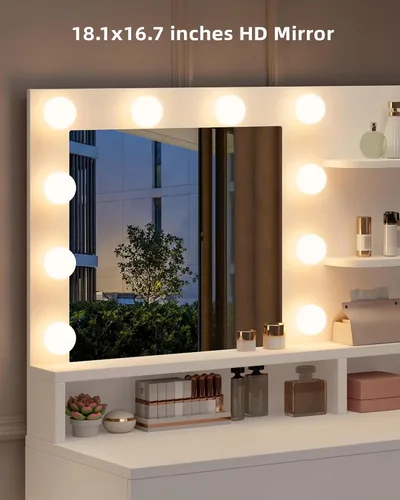 Miniatura 8 de LIVELYGLOW Tocador de maquillaje blanco con espejo HD y 10 bombillas LED, tocador de 34.3 pulgadas con estación de carga, 4 cajones, estante