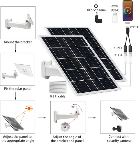 Miniatura 5 de Panel solar de 5 V y 16 W, paquete de 2 unidades IP65 impermeable con puertos USB-C/Micro USB/CC, cable de 9.8 pies para teléfono/banco