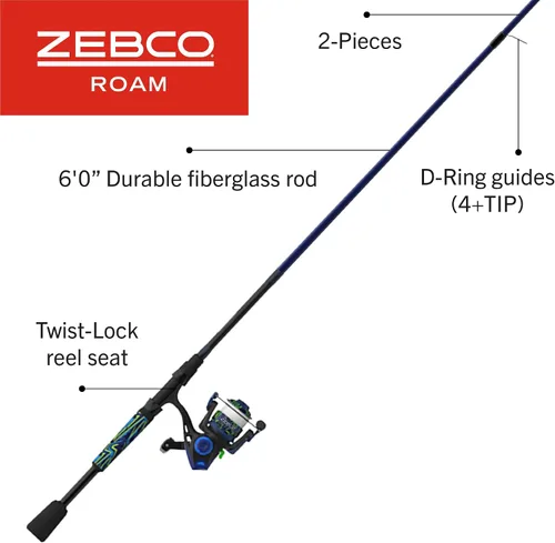 Miniatura 2 de Zebco Roam - Combo de carrete giratorio y caña de pescar, varilla de fibra de vidrio, mango cómodo dividido, perilla de mango suave al tacto