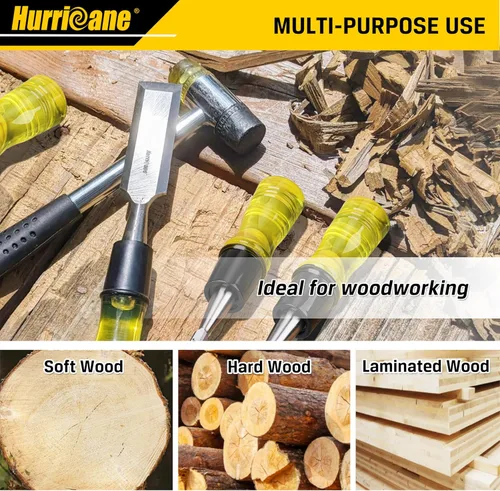 Miniatura 6 de HURRICANE - Juego de 4 cinceles de madera para carpintería. Hojas de acero CR-V con borde biselado y tapas de seguridad. Mango de PVC duradero