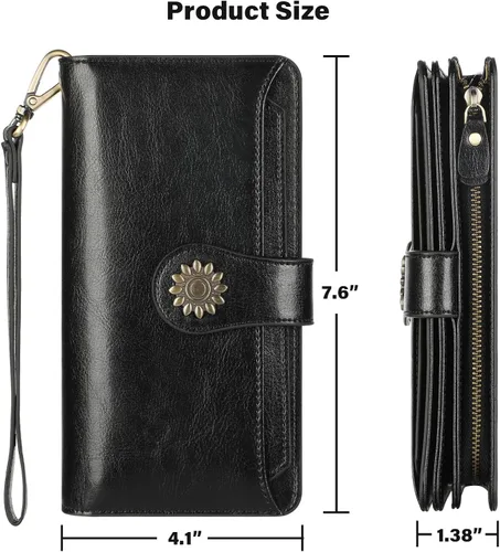 Miniatura 7 de Lavemi Carteras de cuero genuino de gran capacidad con bloqueo RFID para mujer, tarjetero con correa para la muñeca