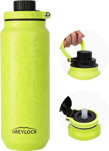 Miniatura 18 de GREYLOCK Botella de agua aislada de 24 onzas con tapa con popote, botella de acero inoxidable reutilizable a prueba de fugas, fría y caliente las 24