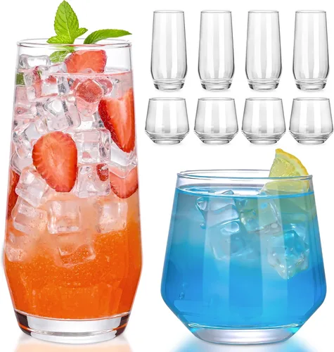 ZMOWIPDL - Juego de vasos de beber de 8, vasos de cristal transparente de 13 oz & 18 oz, cristalería para bebidas, vaso de agua alto, vasos cortos