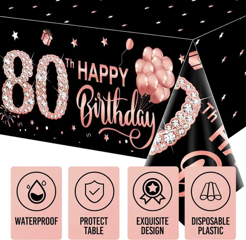 Miniatura 4 de Paquete de 3 manteles de color oro rosa para cumpleaños n.° 80, suministros para fiestas, mantel rectangular desechable de plástico Oro rosa 80