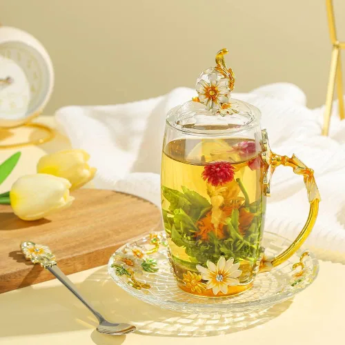 Miniatura 6 de Regalo para Mujeres Navidad Cumpleaños Día de la Madre Taza de Té de Vidrio con Tapa Bonita Taza de Café Margarita Flor Vintage (11oz YellowDaisy)