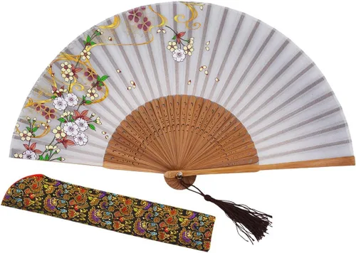 Abanico de mano plegable chino japonés para mujer, estilo retro vintage, 8.27 pulgadas (8.3 in), de madera de bambú y seda con borla