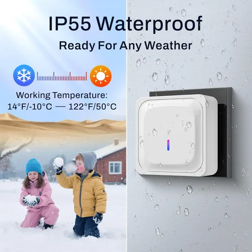 Miniatura 3 de BN-LINK Timbre inalámbrico con 2 botones, mini timbre de puerta impermeable, fácil instalación, rango de 1000 pies, volumen ajustable y 58 Blanco