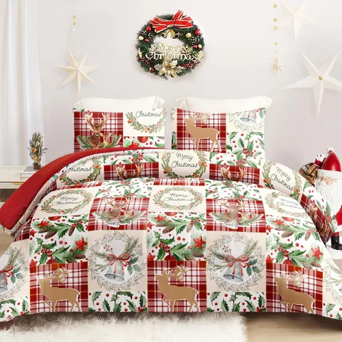 Exclusivo Mezcla - Juego de edredón de Navidad tamaño individual, 2 piezas reversibles, ropa de cama de invierno con patrón de corona de renos
