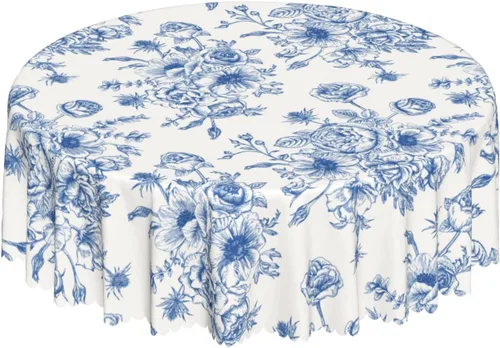 Mantel redondo floral azul y blanco de 60 pulgadas, elegante mantel rústico vintage de flores, resistente a las manchas, impermeable, de poliéster,