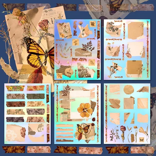 Miniatura 5 de HANATABA - Paquete de papel (15 hojas de 8 x 11 pulgadas), flores secas y papeles viejos HANATABA Vintage Art Deco Styled Efímera para Decoupage