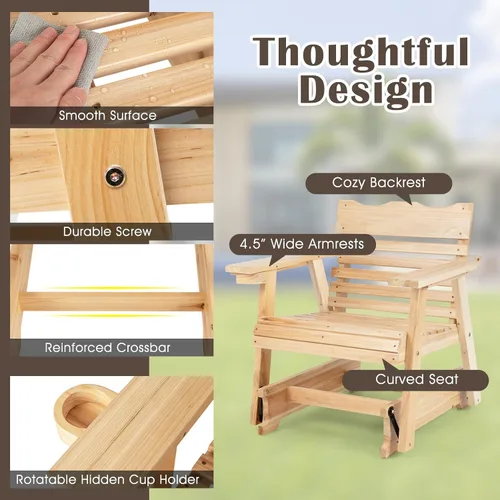 Miniatura 5 de Giantex Mecedora para exteriores – Mecedora de madera para porche con respaldo alto, reposabrazos ampliados, asiento curvo, portavasos giratorio