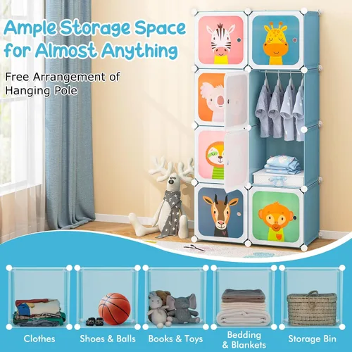 Miniatura 6 de HONEY JOY Armario para niños, organizador de almacenamiento de ropa de dibujos animados para bebés, 8 cubos y 2 secciones para colgar, armario Azul