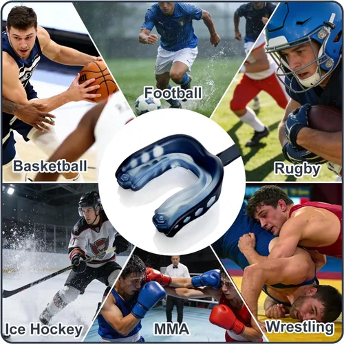 Miniatura 5 de Paquete de 2 protectores bucales de fútbol juvenil con correa y funda, protectores bucales deportivos para adultos, para fútbol, boxeo, baloncesto