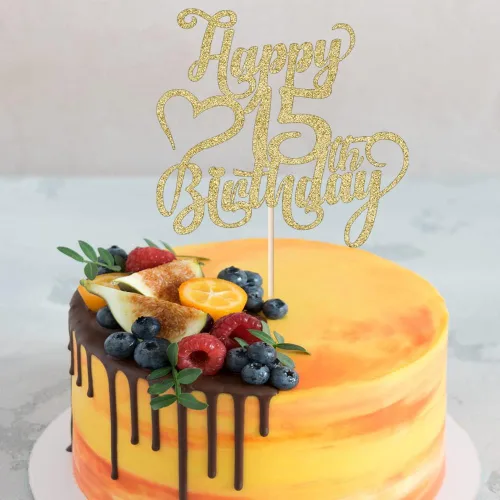 Miniatura 7 de Decoración para tarta de cumpleaños número 15 con purpurina dorada – 15 aniversario/cumpleaños – Hello 15, Cheers to 15 años, 15 & Fabulous Cake