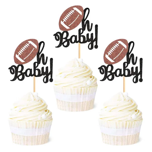 Ercadio Paquete de 24 adornos para cupcakes de fútbol americano Oh Baby - Púas de rugby con purpurina negra para temática deportiva, baby shower,