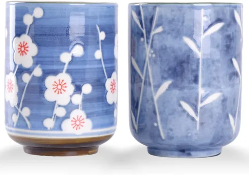 Miniatura 9 de WHJY Juego de 2 tazas de té de cerámica sin asa estilo chino/japonés transicional de 10 oz, patrón de flor de cereza y línea Flower & Line