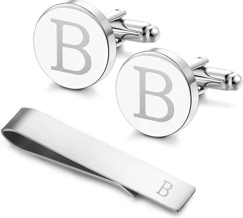 Miniatura 63 de LOYALLOOK - Gemelos de acero inoxidable grabados con inicial y clip de corbata, diseño de letras del alfabeto con caja de regalo, A-Z
