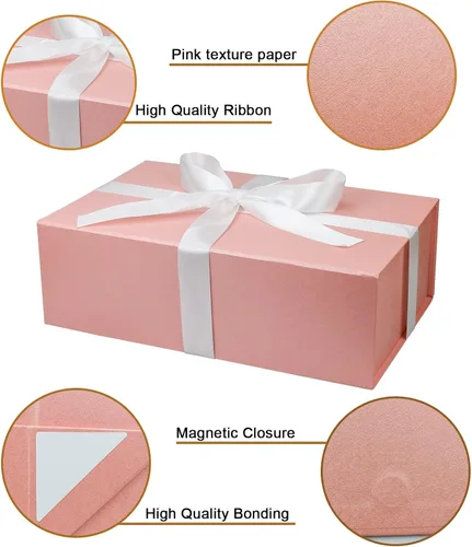 Miniatura 3 de YINUOYOUJIA Cajas de regalo rosadas con tapa, 14"x9"x4.5" Caja de regalo magnética con cinta, tarjetas y sobres para regalos, ideal para bodas